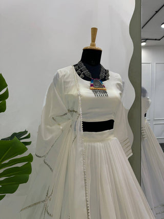 Off White Elegant Tabby Organza Semi-Stitched Lehenga Set with Digital Print & Lace Border ClothsVilla