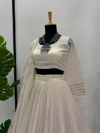 Off White Elegant Tabby Organza Semi-Stitched Lehenga Set with Digital Print & Lace Border ClothsVilla