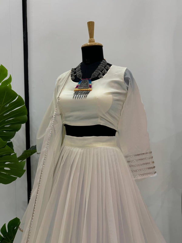 Off White Elegant Tabby Organza Semi-Stitched Lehenga Set with Digital Print & Lace Border ClothsVilla