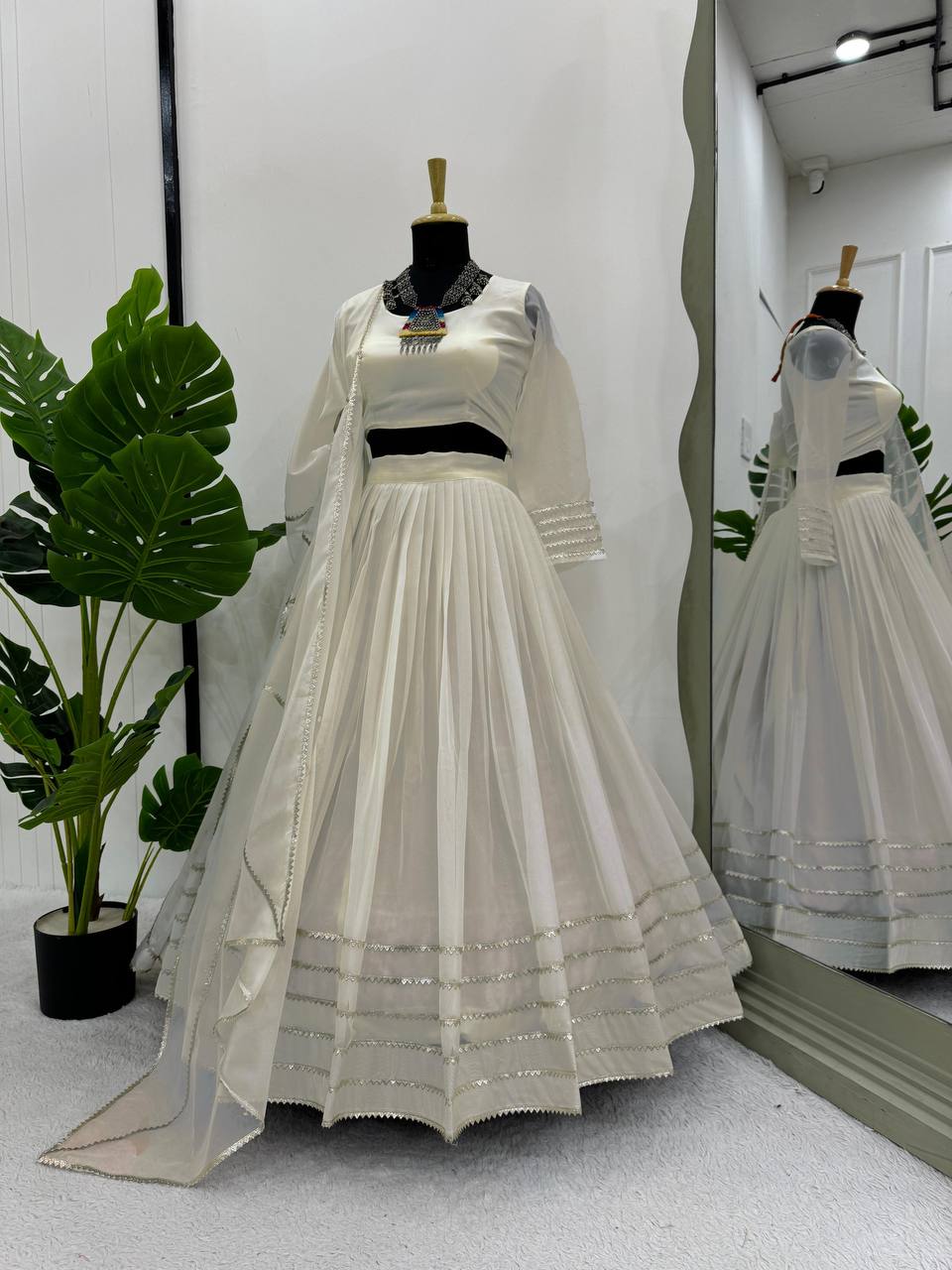 Off White Elegant Tabby Organza Semi-Stitched Lehenga Set with Digital Print & Lace Border ClothsVilla