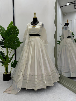 Off White Elegant Tabby Organza Semi-Stitched Lehenga Set with Digital Print & Lace Border ClothsVilla
