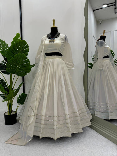Off White Elegant Tabby Organza Semi-Stitched Lehenga Set with Digital Print & Lace Border ClothsVilla