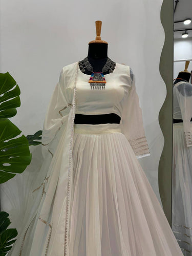 Off White Elegant Tabby Organza Semi-Stitched Lehenga Set with Digital Print & Lace Border ClothsVilla