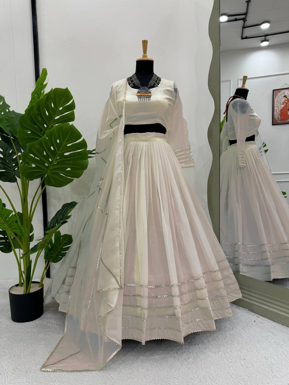 Off White Elegant Tabby Organza Semi-Stitched Lehenga Set with Digital Print & Lace Border ClothsVilla