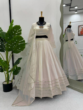 Off White Elegant Tabby Organza Semi-Stitched Lehenga Set with Digital Print & Lace Border ClothsVilla
