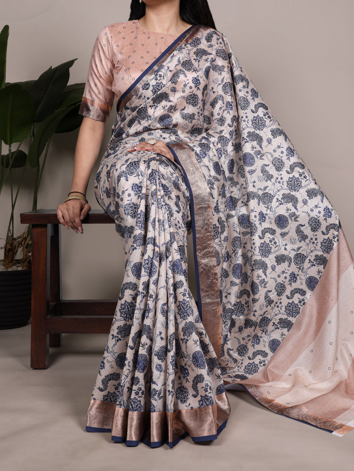 Off White Elegant Tasar Silk Printed Saree with Viscose Border & Matching Unstitched Blouse – Premium Traditional Party & Festive Wear ClothsVilla Main image