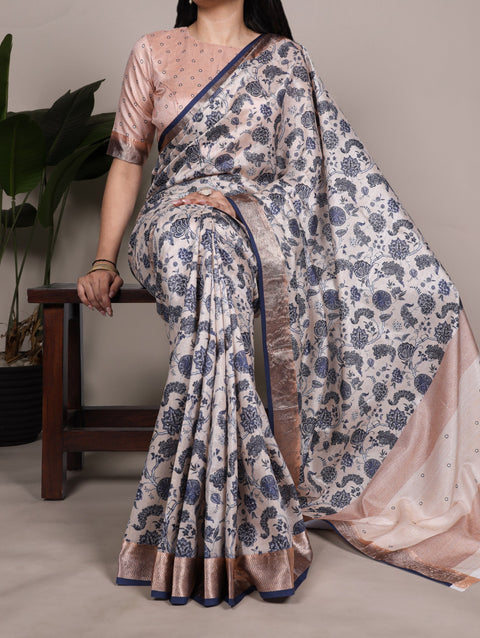 Off White Elegant Tasar Silk Printed Saree with Viscose Border & Matching Unstitched Blouse – Premium Traditional Party & Festive Wear ClothsVilla Main image