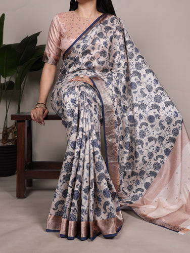 Off White Elegant Tasar Silk Printed Saree with Viscose Border & Matching Unstitched Blouse – Premium Traditional Party & Festive Wear ClothsVilla