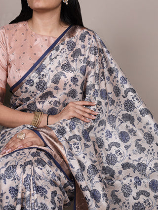 Off White Elegant Tasar Silk Printed Saree with Viscose Border & Matching Unstitched Blouse – Premium Traditional Party & Festive Wear ClothsVilla