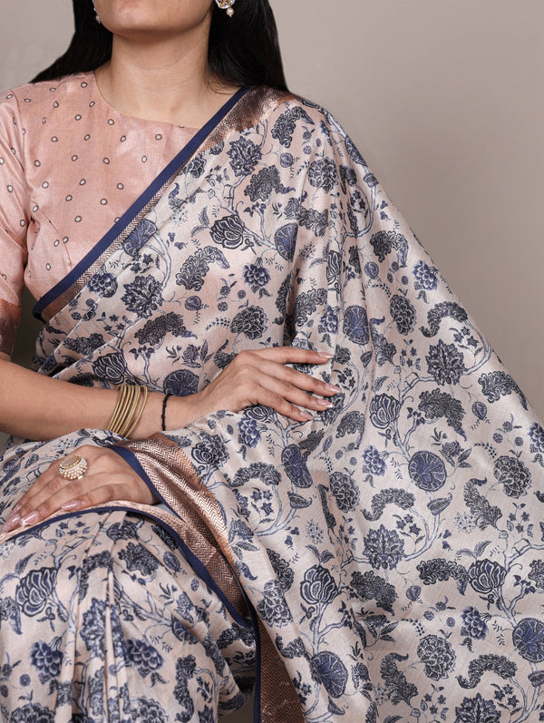 Off White Elegant Tasar Silk Printed Saree with Viscose Border & Matching Unstitched Blouse – Premium Traditional Party & Festive Wear ClothsVilla
