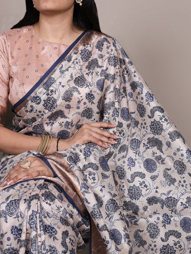 Off White Elegant Tasar Silk Printed Saree with Viscose Border & Matching Unstitched Blouse – Premium Traditional Party & Festive Wear ClothsVilla