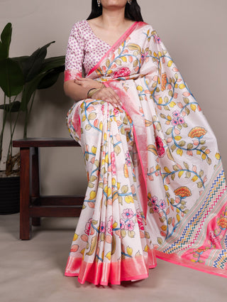 Off White Elegant Tasar Silk Saree with Traditional Floral Print & Viscose Border – 5.5 Meter Saree with Unstitched Blouse ClothsVilla