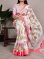 Off White Elegant Tasar Silk Saree with Traditional Floral Print & Viscose Border – 5.5 Meter Saree with Unstitched Blouse ClothsVilla
