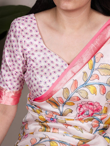 Off White Elegant Tasar Silk Saree with Traditional Floral Print & Viscose Border – 5.5 Meter Saree with Unstitched Blouse ClothsVilla