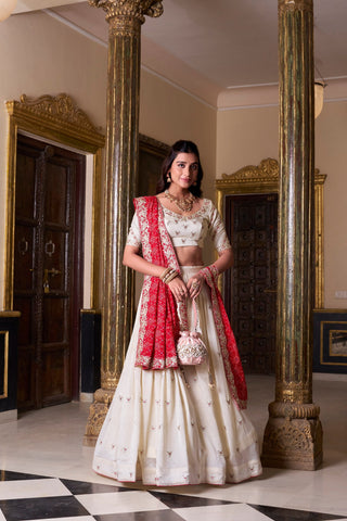Off White Elegant Vichitra Silk Embroidered Lehenga Set with Badhej Print Dupatta – Stitched Lehenga ClothsVilla