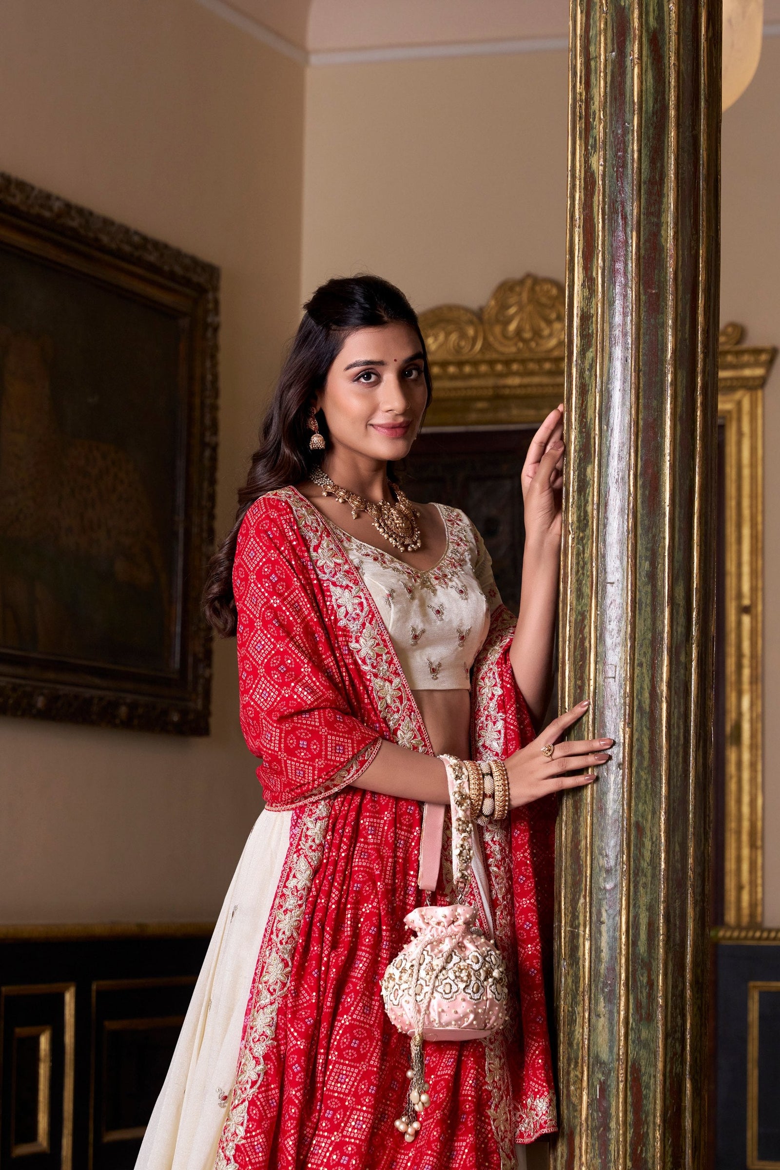 Off White Elegant Vichitra Silk Embroidered Lehenga Set with Badhej Print Dupatta – Stitched Lehenga ClothsVilla