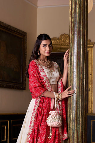 Off White Elegant Vichitra Silk Embroidered Lehenga Set with Badhej Print Dupatta – Stitched Lehenga ClothsVilla