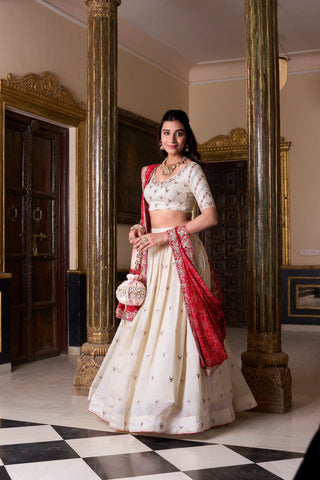 Off White Elegant Vichitra Silk Embroidered Lehenga Set with Badhej Print Dupatta – Stitched Lehenga ClothsVilla