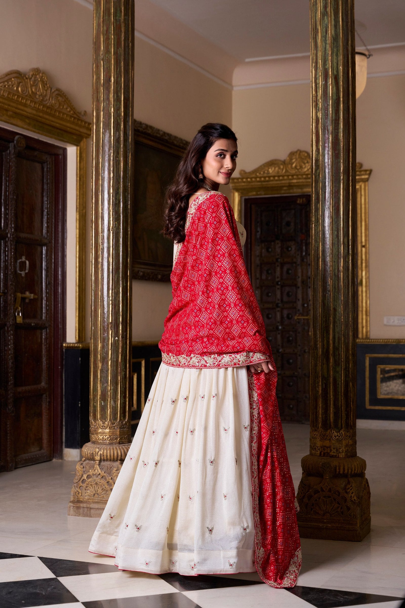 Off White Elegant Vichitra Silk Embroidered Lehenga Set with Badhej Print Dupatta – Stitched Lehenga ClothsVilla