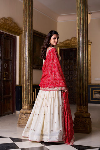 Off White Elegant Vichitra Silk Embroidered Lehenga Set with Badhej Print Dupatta – Stitched Lehenga ClothsVilla