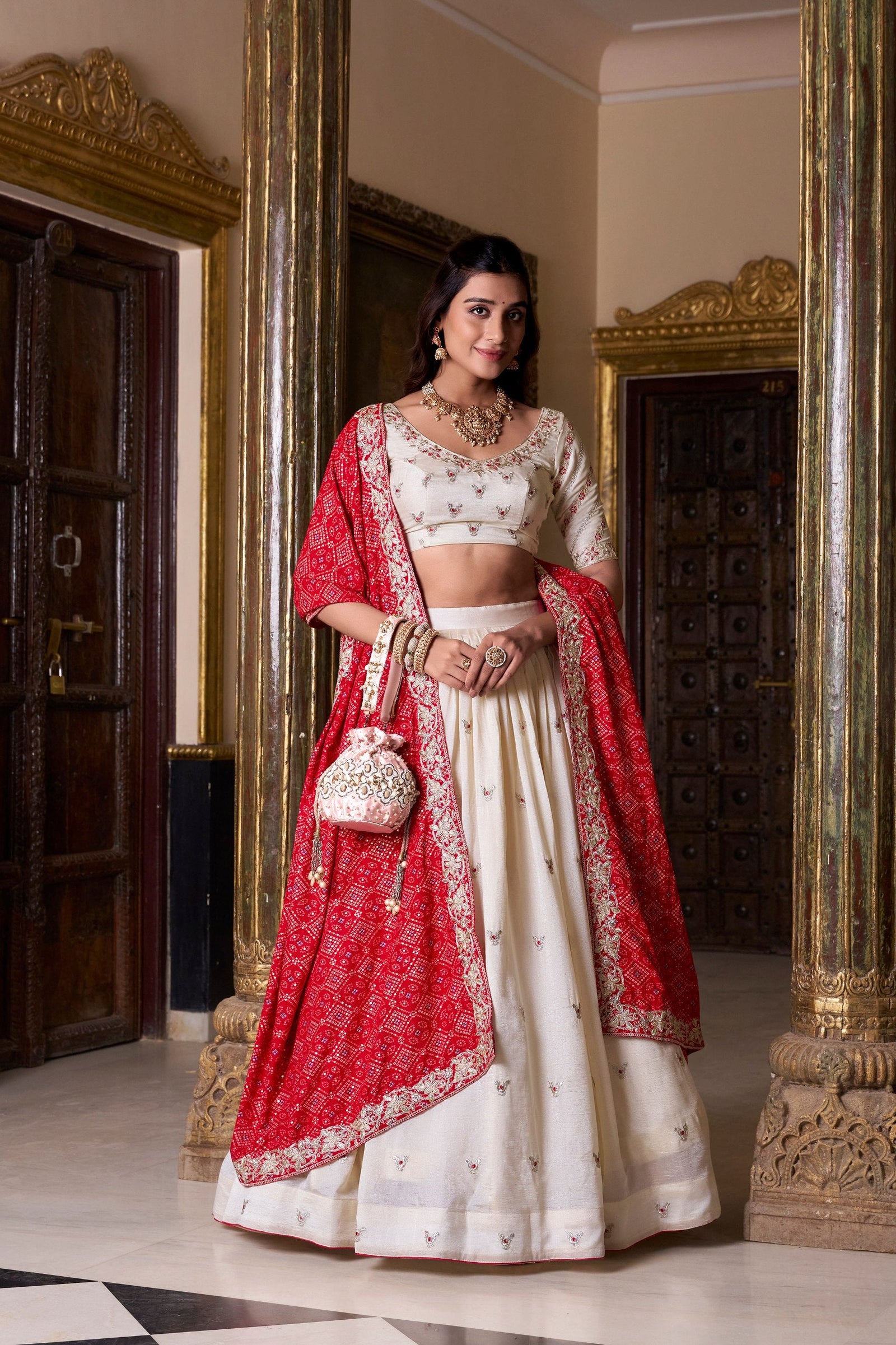 Off White Elegant Vichitra Silk Embroidered Lehenga Set with Badhej Print Dupatta – Stitched Lehenga ClothsVilla