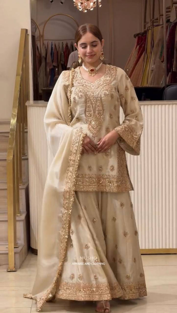 Off White Embroidered Palazzo Suit Set ClothsVilla