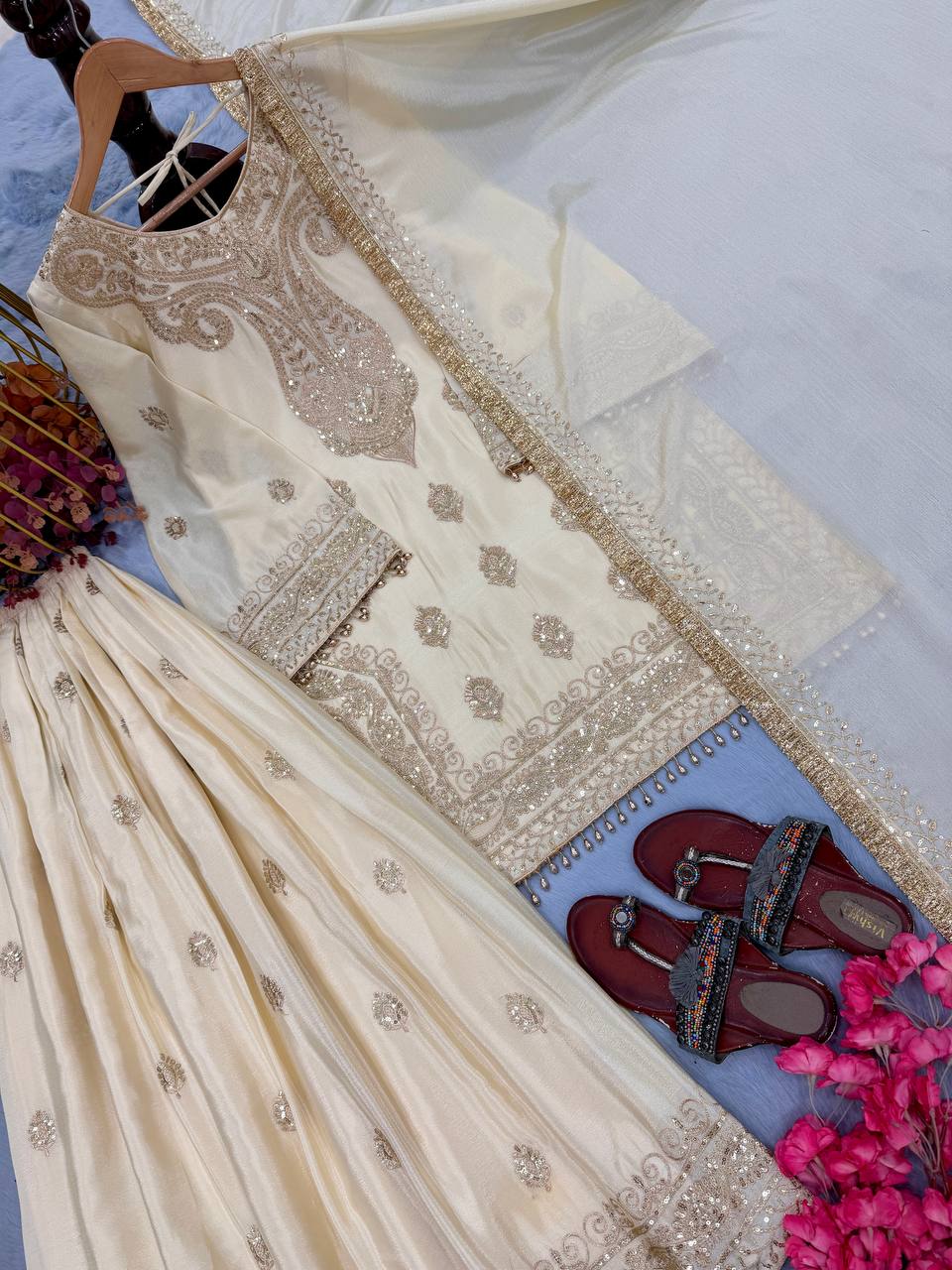 Off White Embroidered Palazzo Suit Set ClothsVilla