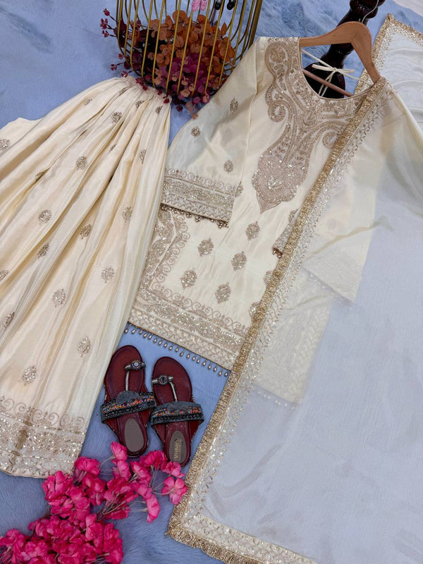 Off White Embroidered Palazzo Suit Set ClothsVilla