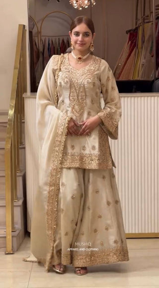 Off White Embroidered Palazzo Suit Set ClothsVilla