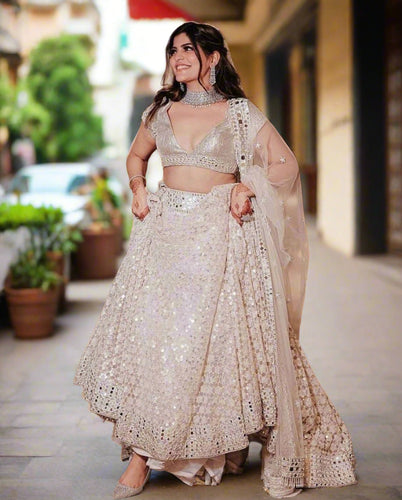 Off-White Ethereal Georgette Lehenga Set with Zari & Mirror Work ClothsVilla
