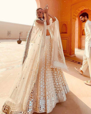 Off-White Ethereal Georgette Lehenga Set with Zari & Mirror Work ClothsVilla