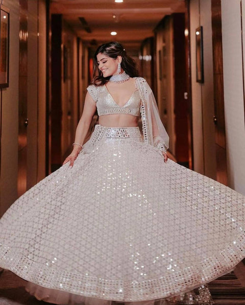 Off-White Ethereal Georgette Lehenga Set with Zari & Mirror Work ClothsVilla Main image