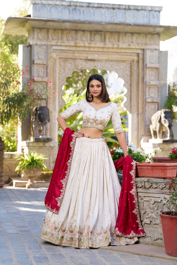 Off White Ethereal Vichitra Silk Bridesmaid Lehenga Set with Sequins & Thread Embroidery