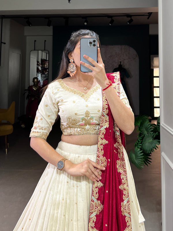 Off White Ethereal Vichitra Silk Bridesmaid Lehenga Set with Sequins & Thread Embroidery ClothsVilla