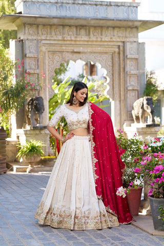 Off White Ethereal Vichitra Silk Bridesmaid Lehenga Set with Sequins & Thread Embroidery