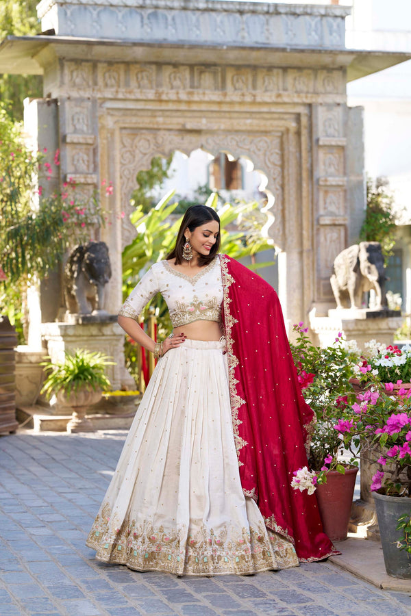 Off White Ethereal Vichitra Silk Bridesmaid Lehenga Set with Sequins & Thread Embroidery