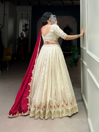 Off White Ethereal Vichitra Silk Bridesmaid Lehenga Set with Sequins & Thread Embroidery ClothsVilla