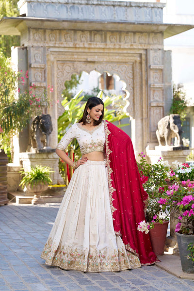 Off White Ethereal Vichitra Silk Bridesmaid Lehenga Set with Sequins & Thread Embroidery