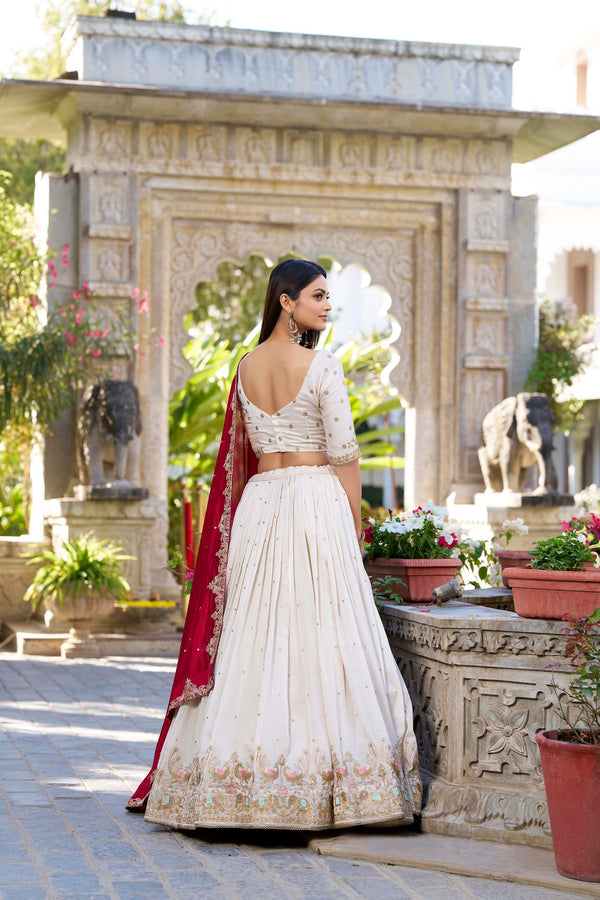 Off White Ethereal Vichitra Silk Bridesmaid Lehenga Set with Sequins & Thread Embroidery