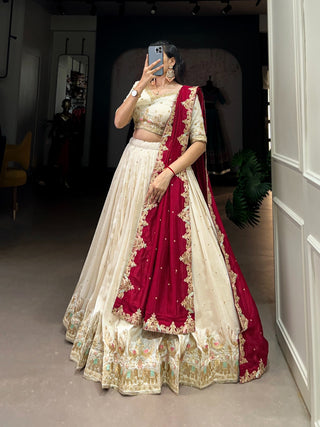 Off White Ethereal Vichitra Silk Bridesmaid Lehenga Set with Sequins & Thread Embroidery ClothsVilla