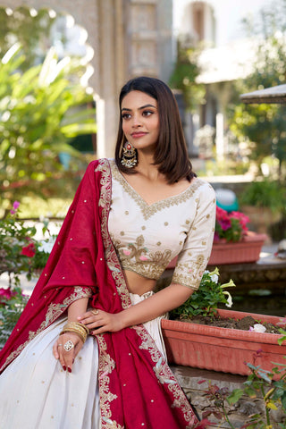 Off White Ethereal Vichitra Silk Bridesmaid Lehenga Set with Sequins & Thread Embroidery