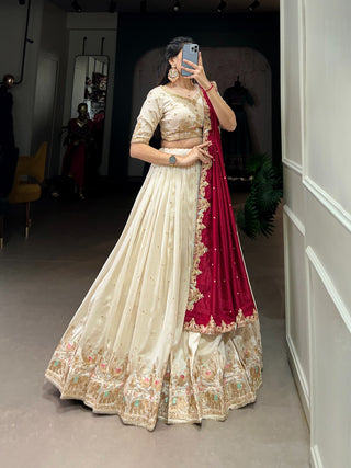 Off White Ethereal Vichitra Silk Bridesmaid Lehenga Set with Sequins & Thread Embroidery ClothsVilla