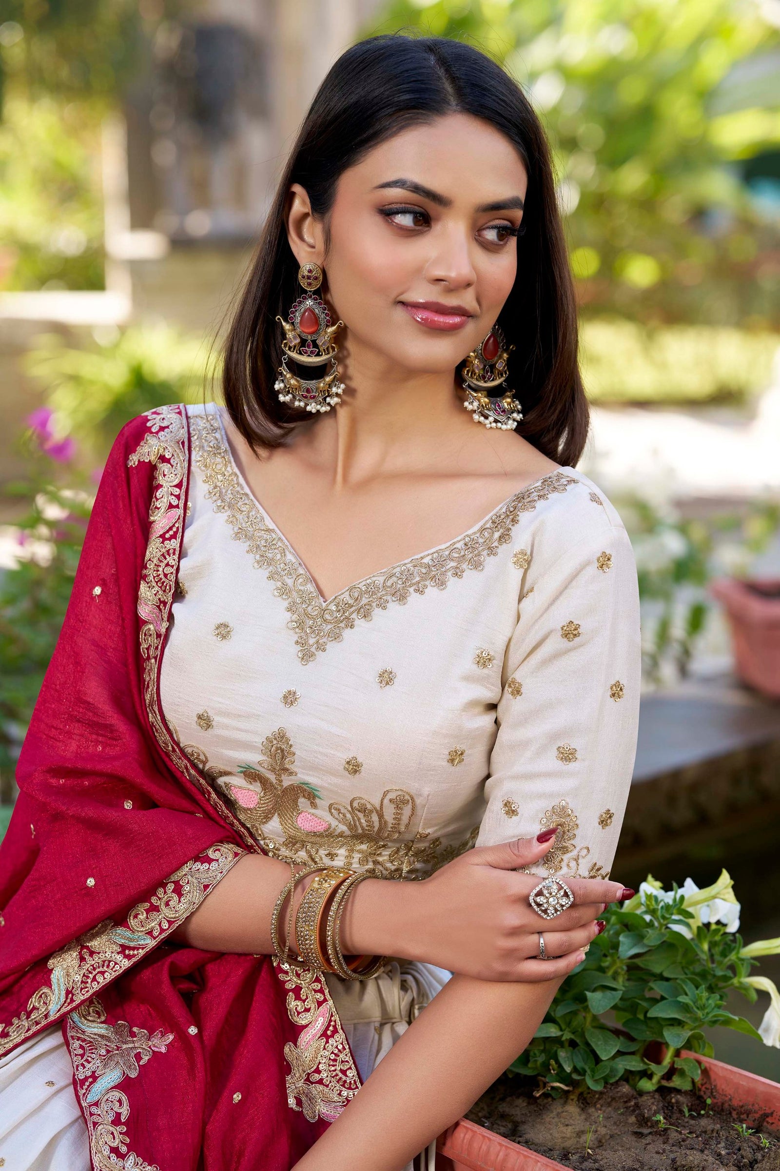 Off White Ethereal Vichitra Silk Bridesmaid Lehenga Set with Sequins & Thread Embroidery