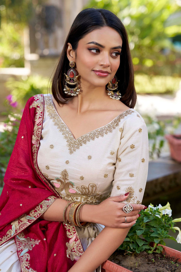 Off White Ethereal Vichitra Silk Bridesmaid Lehenga Set with Sequins & Thread Embroidery