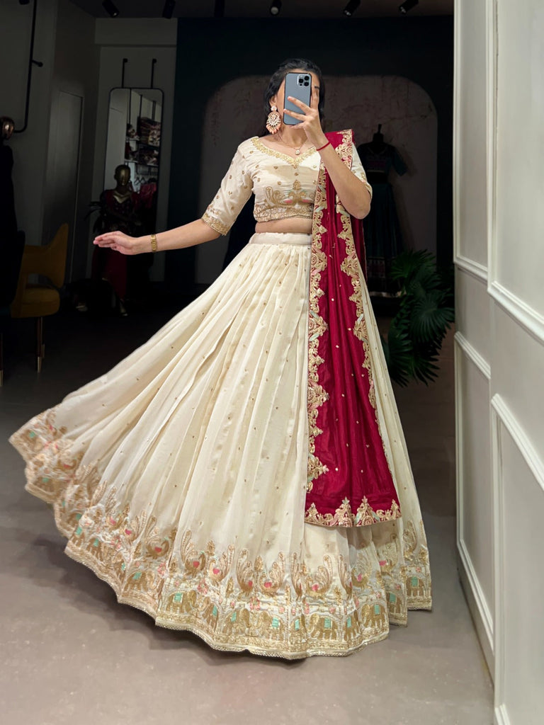 Off White Ethereal Vichitra Silk Bridesmaid Lehenga Set with Sequins & Thread Embroidery ClothsVilla