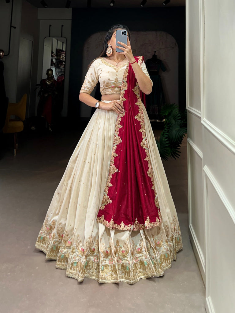 Off White Ethereal Vichitra Silk Bridesmaid Lehenga Set with Sequins & Thread Embroidery ClothsVilla