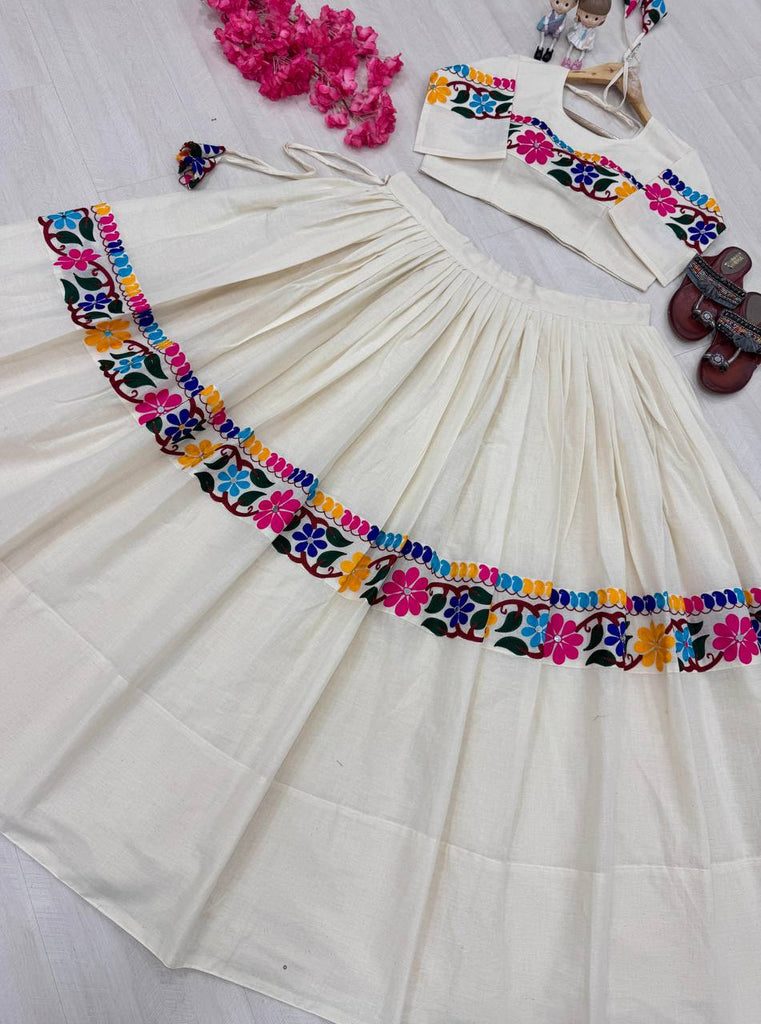 Off White Exquisite Pure Kora Cotton Navratri Lehenga Choli with Gamthi & Mirror Handwork ClothsVilla