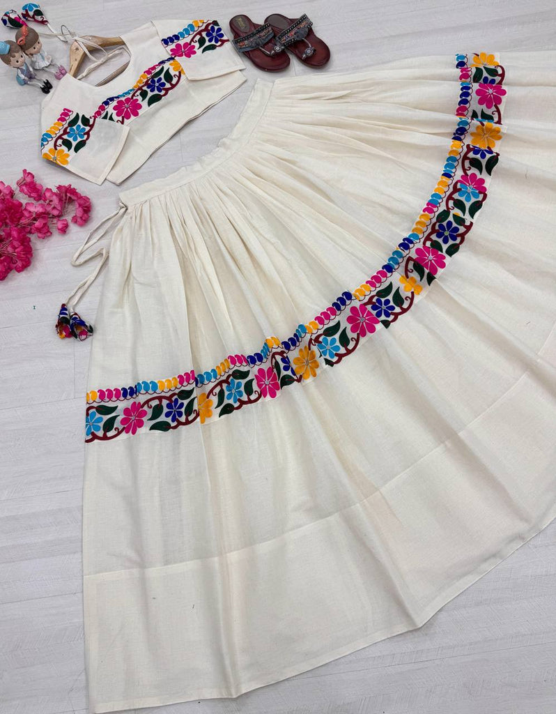 Off White Exquisite Pure Kora Cotton Navratri Lehenga Choli with Gamthi & Mirror Handwork ClothsVilla