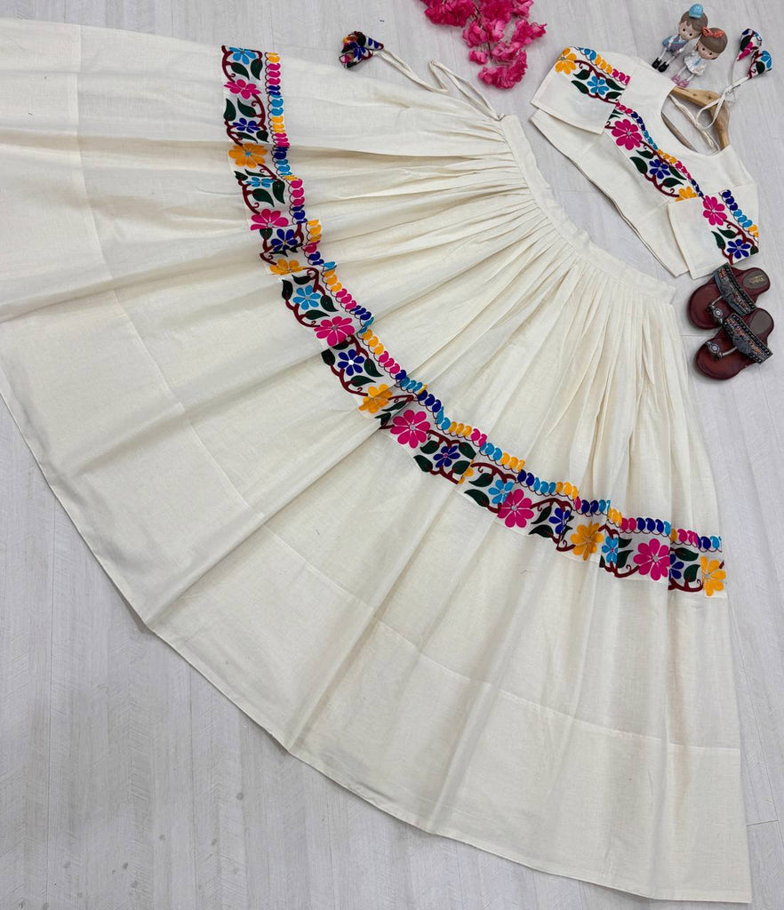Off White Exquisite Pure Kora Cotton Navratri Lehenga Choli with Gamthi & Mirror Handwork ClothsVilla