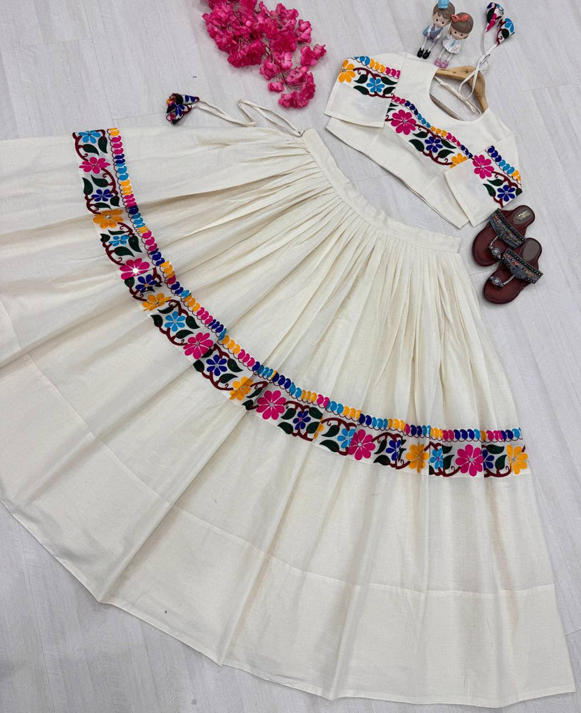 Off White Exquisite Pure Kora Cotton Navratri Lehenga Choli with Gamthi & Mirror Handwork ClothsVilla